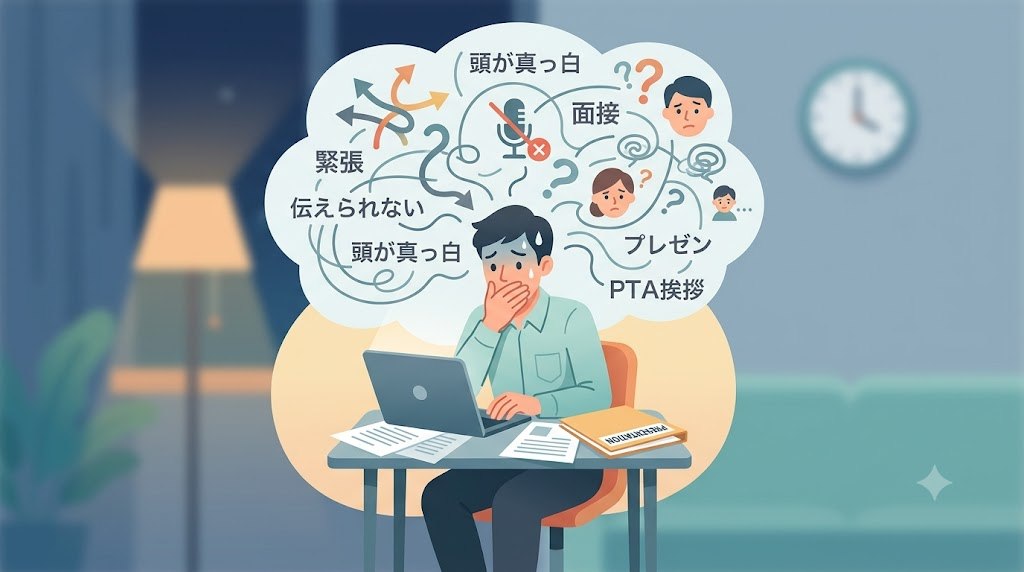 人前で話すことへの緊張や不安（面接・プレゼン・PTA挨拶など）を抱える様子